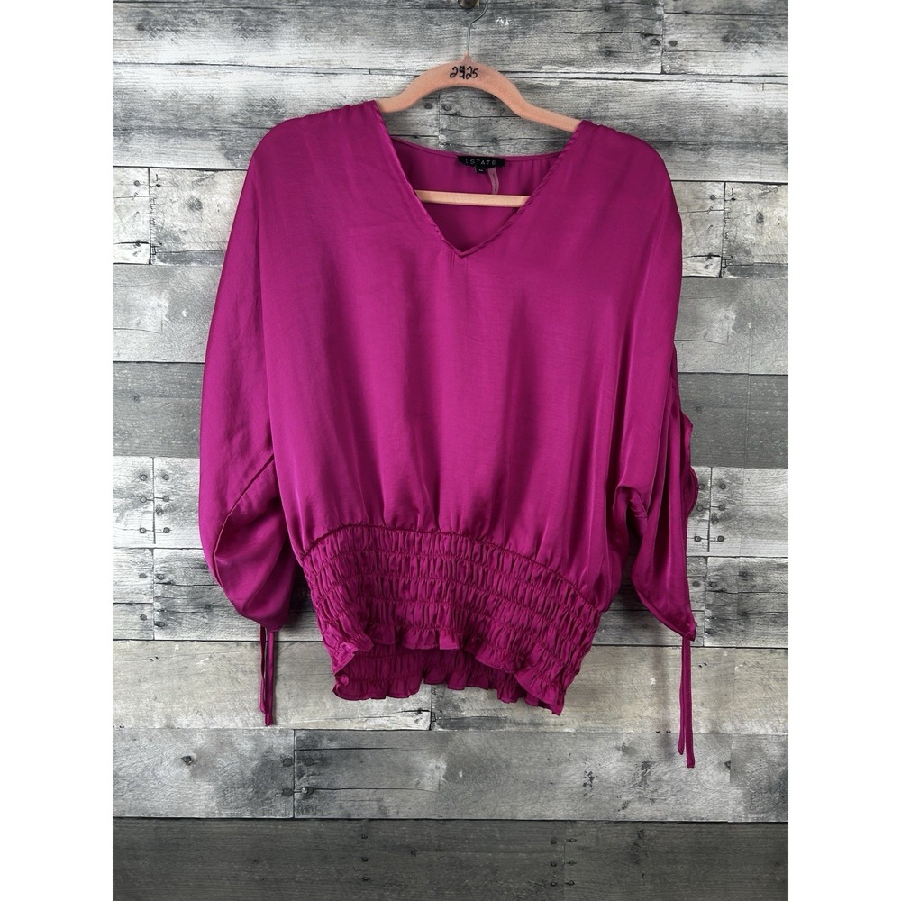 1. State Pink Satin V Neck Puff Sleeve Smocked Waist Pullover Blouse Size M